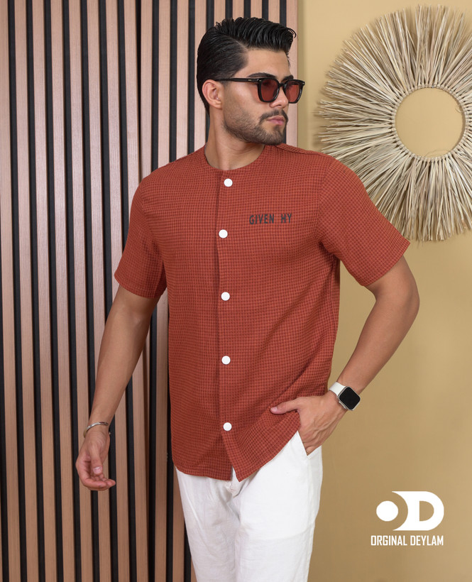 پیراهن آستین کوتاه مردانه | رنگ آجری خفن لاکچری GIVENCHY طراحی مینیمال دکمهدار