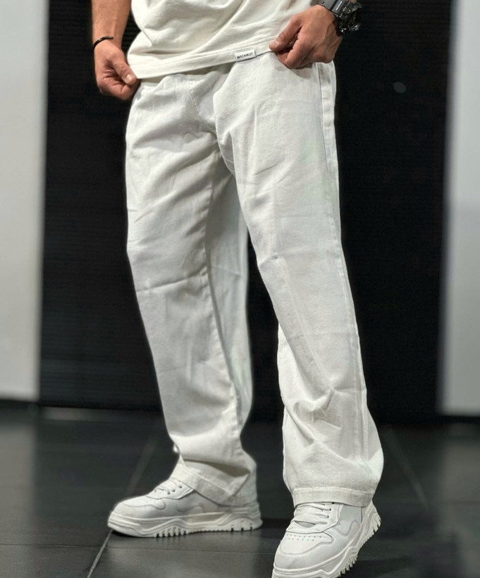 شلوار لینن سفید فول بگ  مردانه | کیفیت استثنایی قد ۱۱۰ سانت
