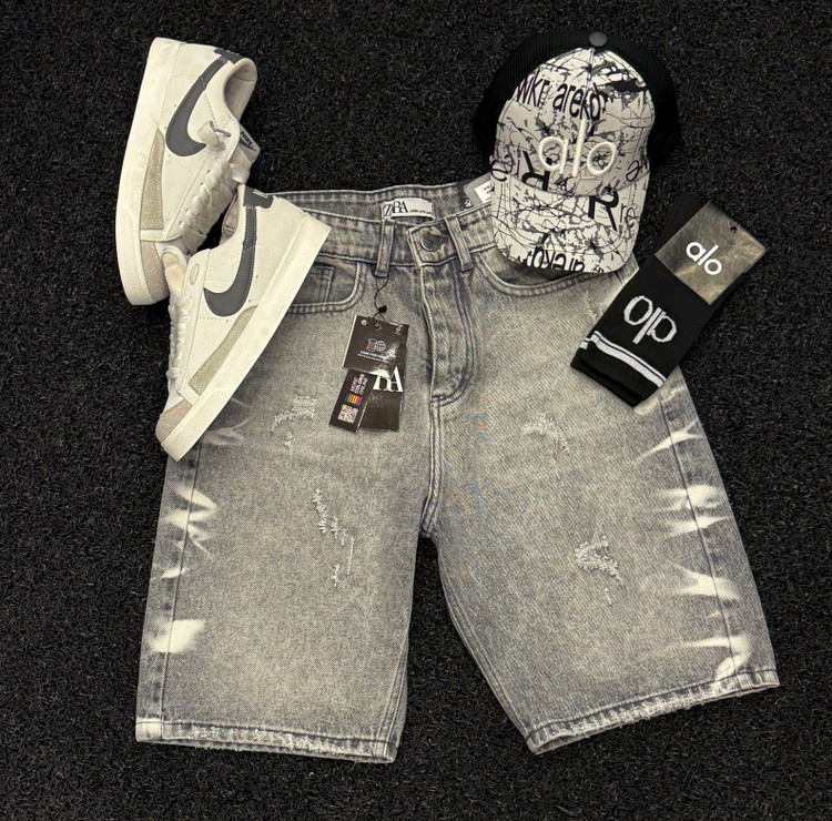 شلوارک جین مردانه پنبه کجراه طوسی با اتینگ خاص وکاستوم