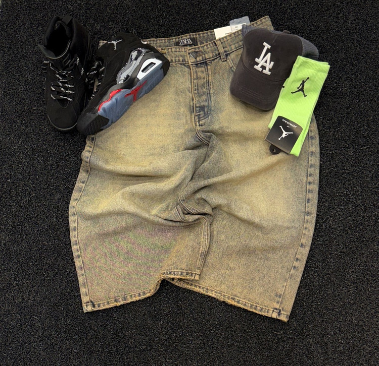 شلوارک بلند بگ مردانه با رنگ خاص صحرایی | پارچه جین پنبه کجراه سنگشور با زاپ خفن کد sh67