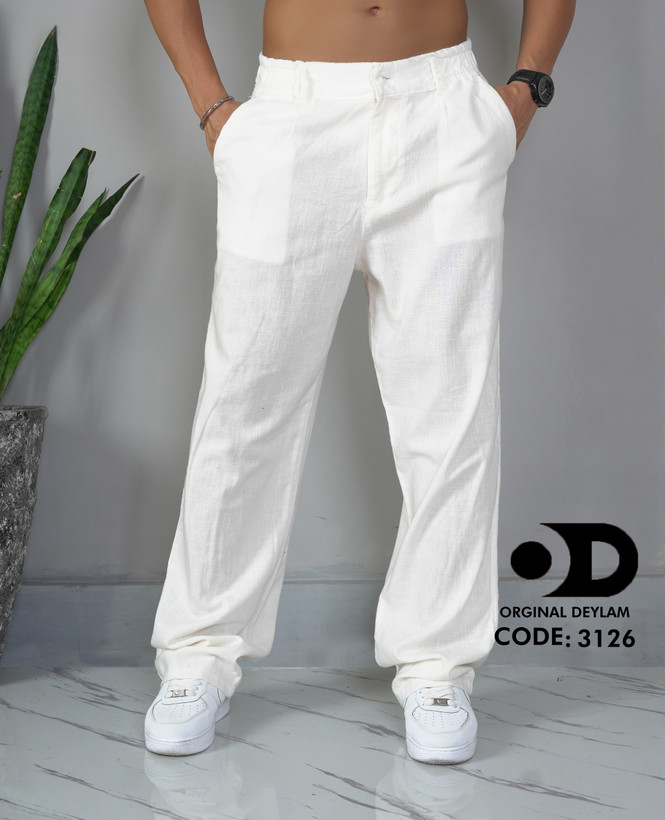 شلوار لینن سفید فول بگ مردانه رنگ سفید شیری تولید ایران | کیفیت استثنایی قد ۱۱۰ سانت
