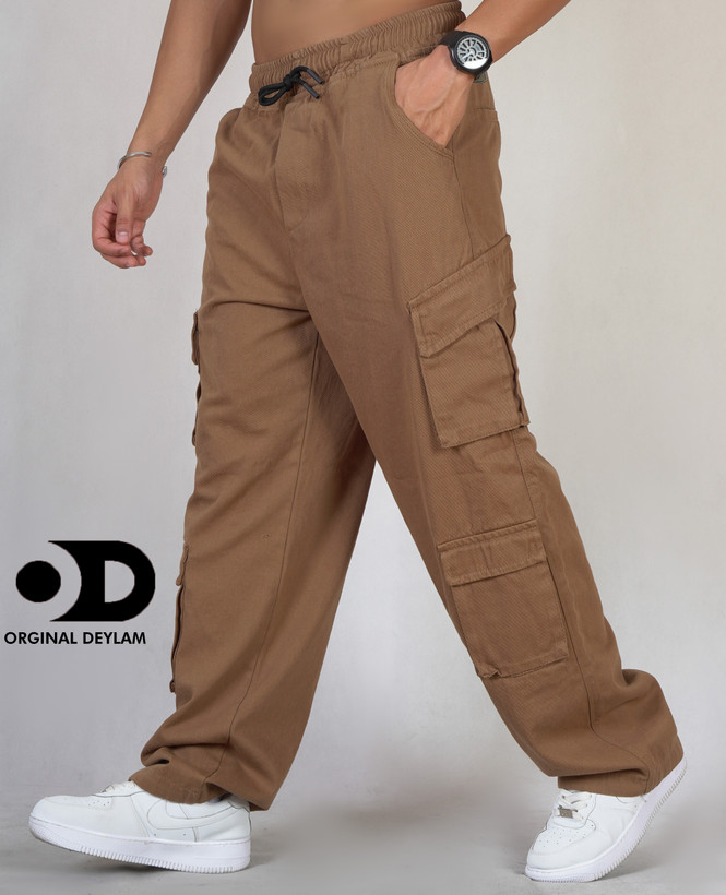 شلوار کارگو ۸ جیب قهوه ای مردانه پارچه کتان کجراه