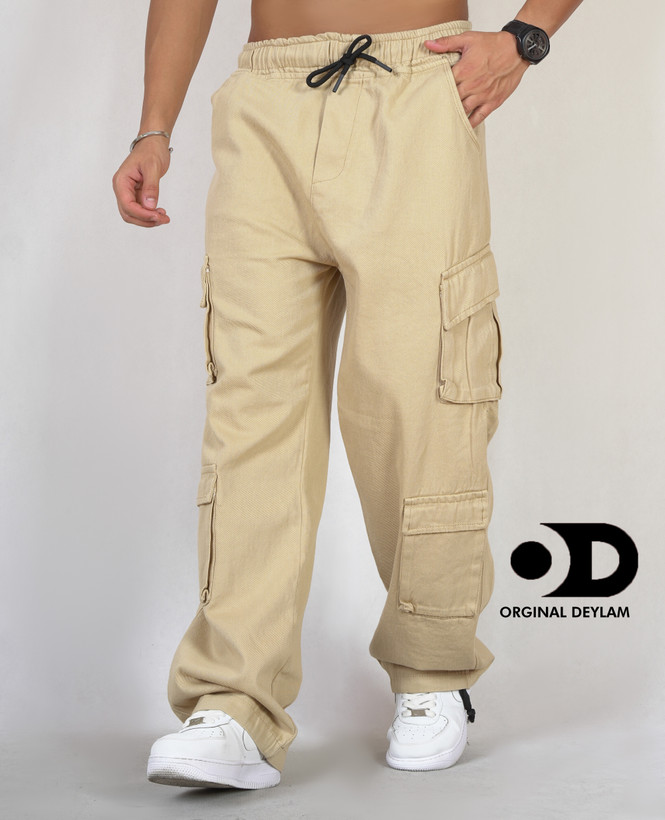 شلوار کارگو ۸ جیب کرمی مردانه پارچه کتان کجراه