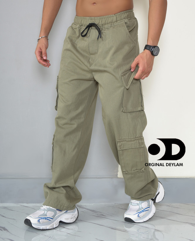 شلوار کارگو ۸ جیب سبز پسته ای مردانه پارچه کتان کجره