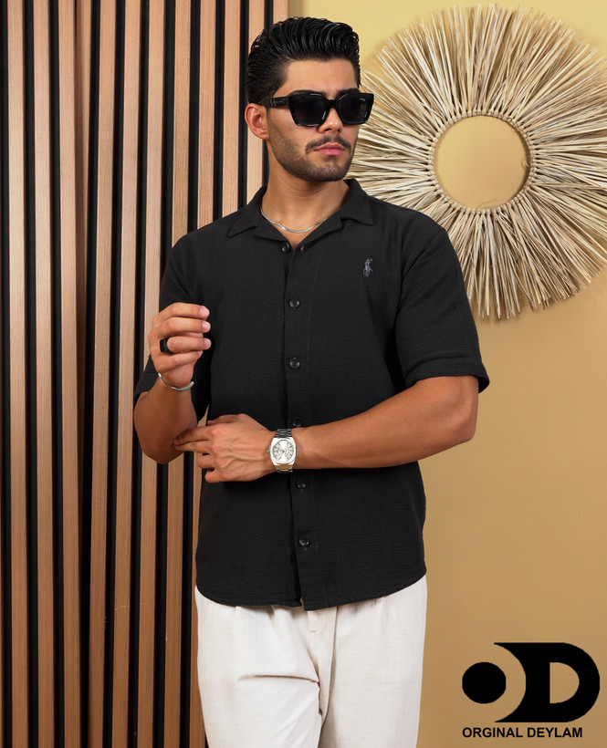 پیراهن لینن کنفی یقه انگلیسی رنگ مشکی