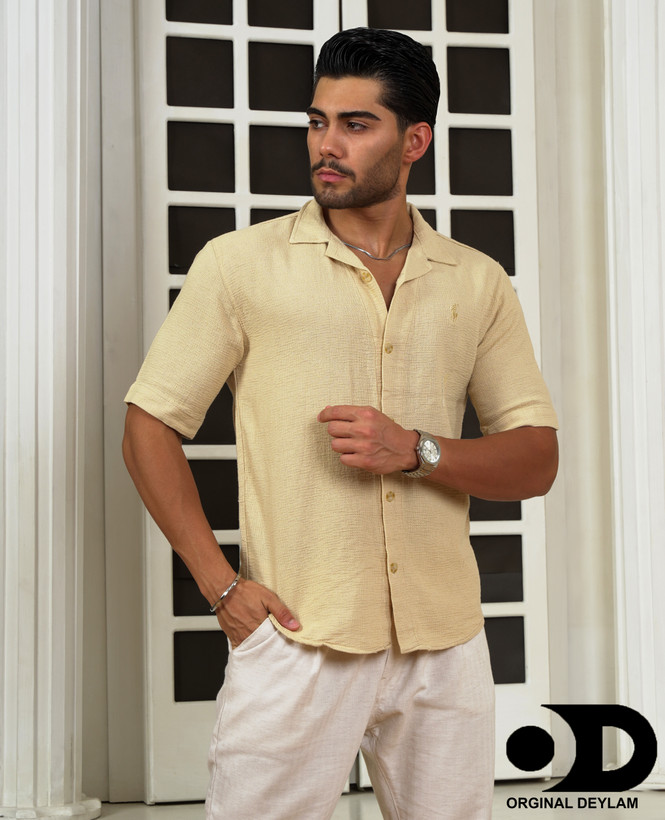 پیراهن لینن کنفی یقه انگلیسی رنگ کرم نباتی