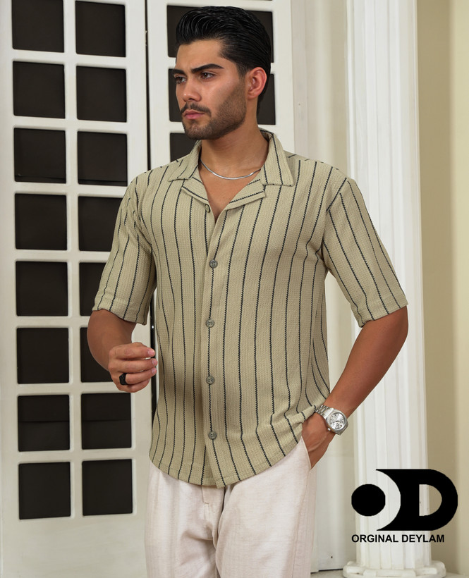 پیراهن راه راه یقه انگلیسی باکسی سبز زیتونی با پارچه و بافت فوقالعاده خفن