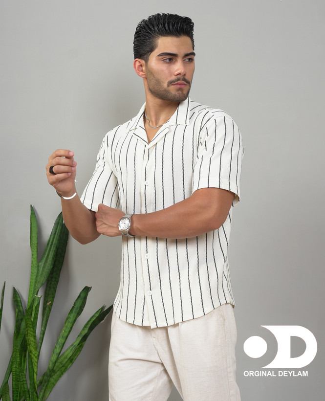 پیراهن راه راه یقه انگلیسی باکسی کرم با پارچه و بافت فوقالعاده خفن