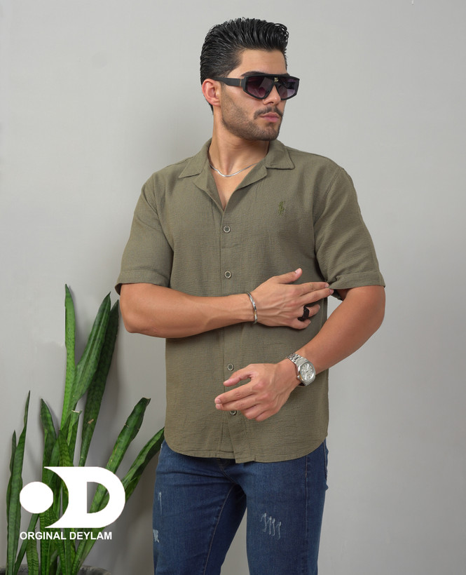 پیراهن لینن کنفی یقه انگلیسی لش رنگ سبز زیتونی