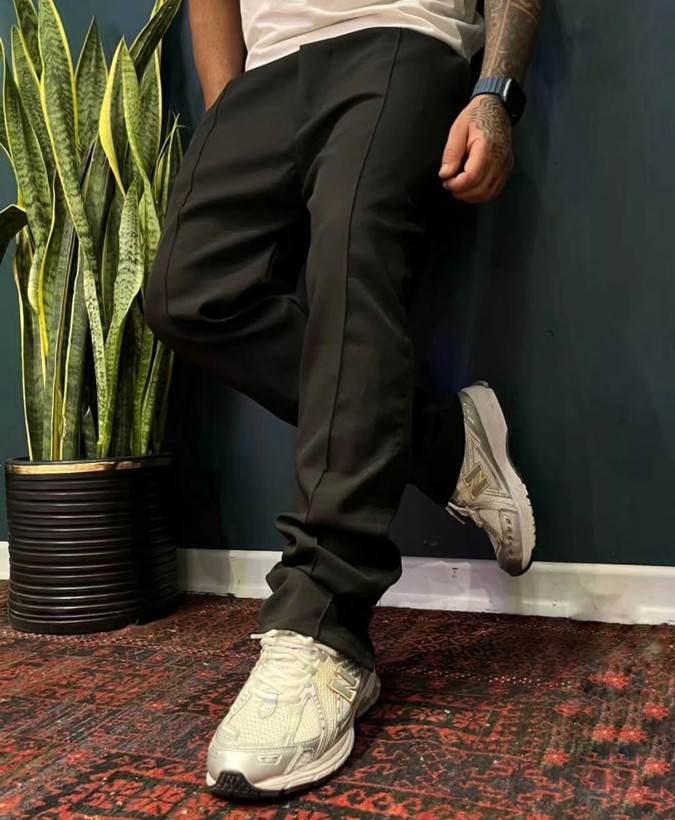 شلوار نیم بگ پارچه مازراتی مردانه مشکی پلیسه دار