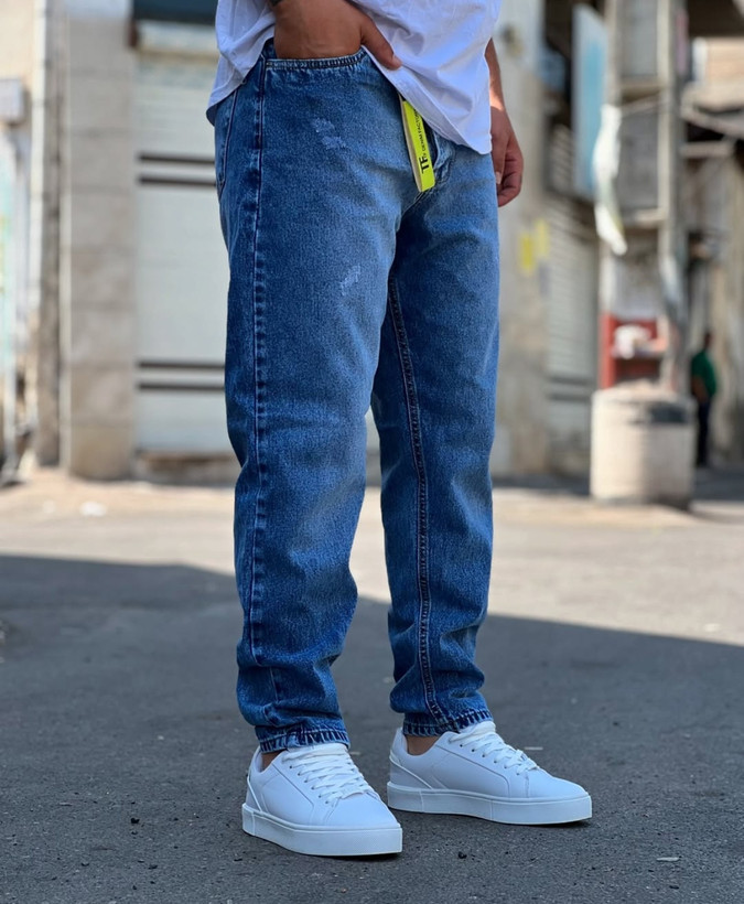 شلوار جین مام فیت آبی یخی تینک خورده خفن مردانه کد M458