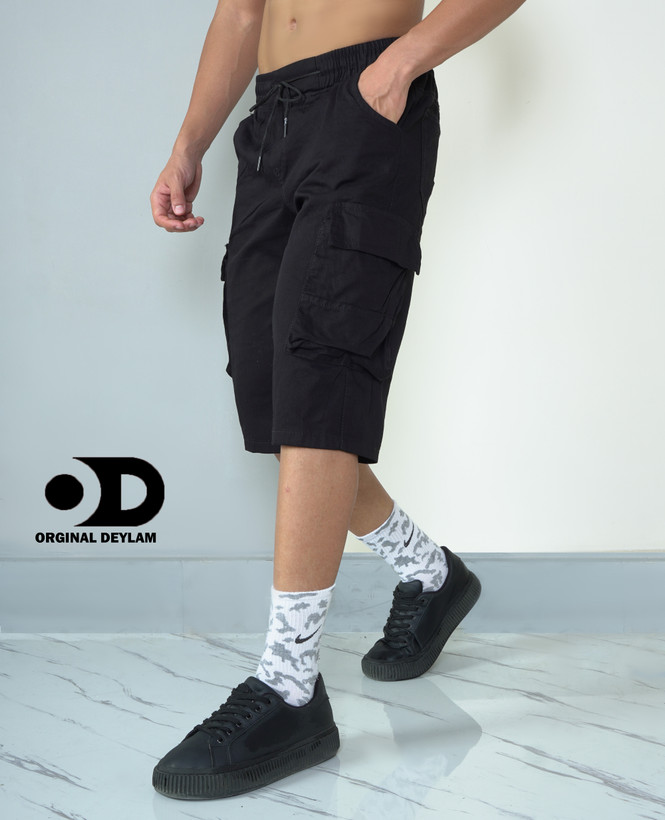 شلوارک مشکی ۶ جیب مردانه ` پارچه کتان لی کاغذی خنک و با کیفیت