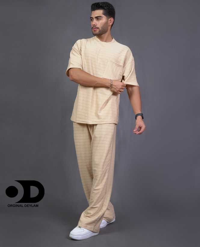 ست رو همی تیشرت شلوار کرم مردانه پارچه مراکشی مدل بگی