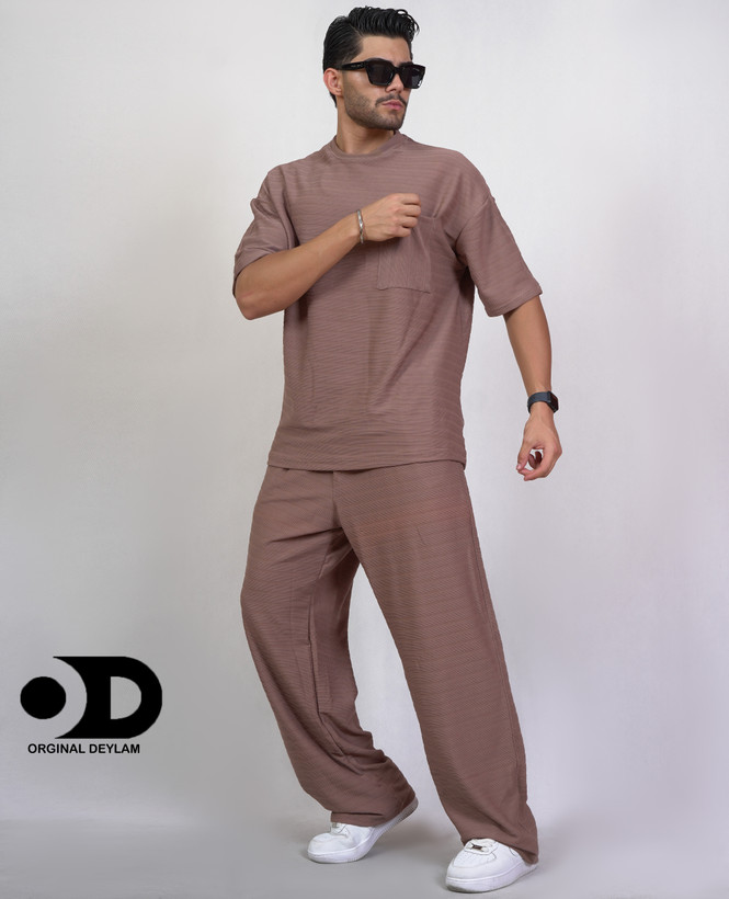Men's beige T-shirt and pants set, Moroccan fabric, baggy style