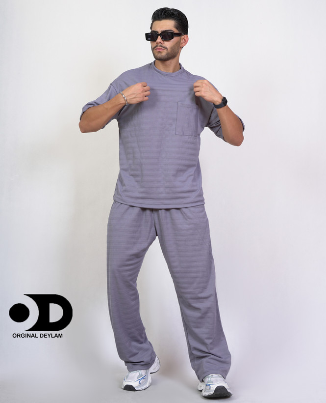 ست رو همی تیشرت شلوار طوسی مردانه پارچه مراکشی مدل بگی