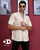 پیراهن راه راه کرمی مردانه | لینن کنفی فوقالعاده خنک و با کیفیت