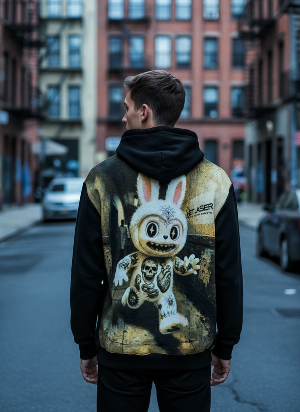 هودی مردانه مشکی طرح وایرال عروسک لبوبو دورس سه نخ گرماژ بالا | نخ پنبه اعلا و سنگین