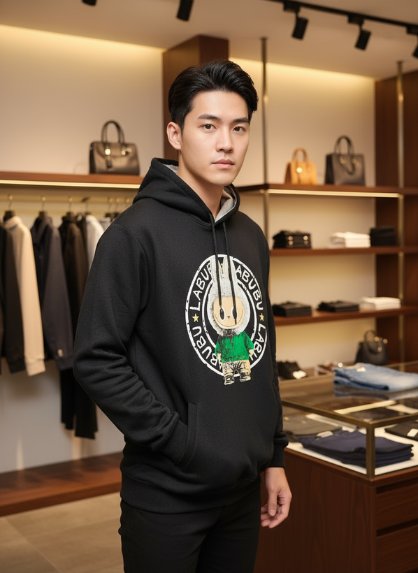 هودی مردانه مشکی طرح وایرال عروسک لبوبو دورس سه نخ گرماژ بالا | نخ پنبه اعلا و سنگین