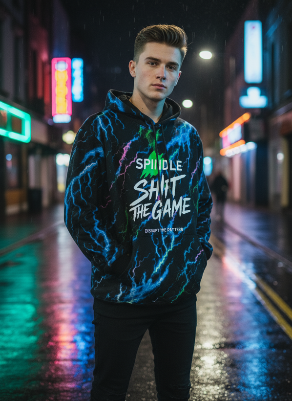 هودی مردانه مشکی طرح رعد و برق نئونی دورس سه نخ گرماژ بالا | نخ پنبه اعلا و سنگین