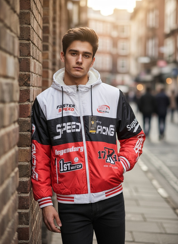 کاپشن مسابقهای سفید-مشکی-قرمز ضد آب طرح خفن