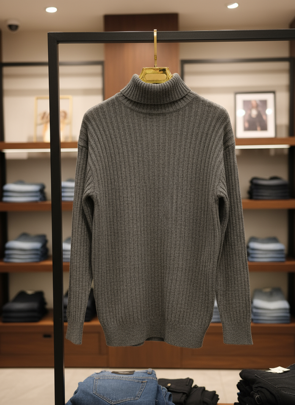 پلیور بافت یقه اسکی مردانه ذغالی ضخیم بافت مارپیچی خاص و شیک / اندامی