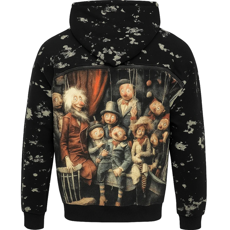 هودی مشکی پشت چاپی طرح عروسکهای نمایشی با افکت اسپلاش هنری – کالکشن خاص اورجینال دیلم