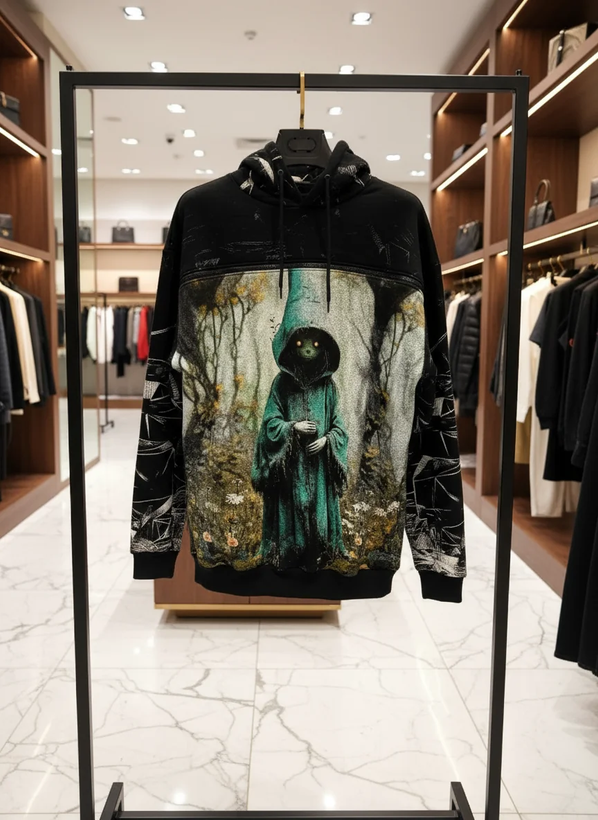 هودی مشکی طرح شخصیت مرموز با شنل سبز در جنگل – کالکشن خاص اورجینال دیلم