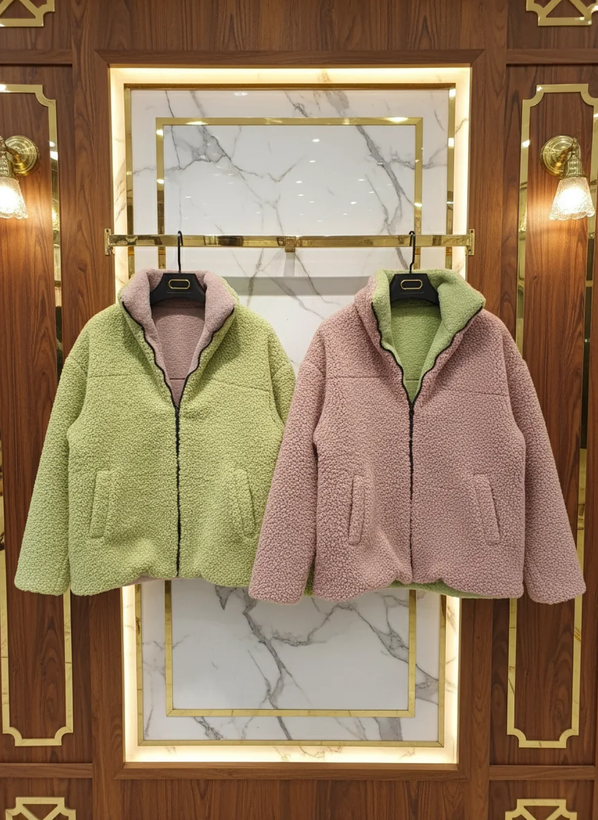 ژاکت دو رو خز سبز پسته و صورتی خاکی - وزن ۱ کیلو ! کیفیت استثنایی| استایل لوکس اولد مانی