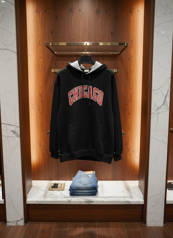 هودی مشکی پشت چاپ رنگی مدل زیپ پلاس شیکاگو | فوقالعاده با کیفیت و خفن