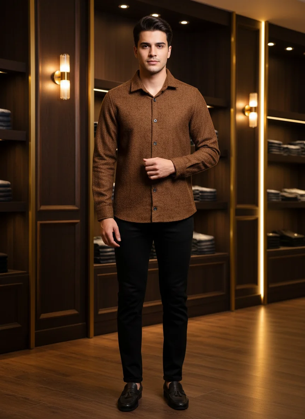 پیراهن پشمی قهوه ای شکلاتی پارچه اعلا بافت حصیری | کالکشن لوکس اورجینال دیلم