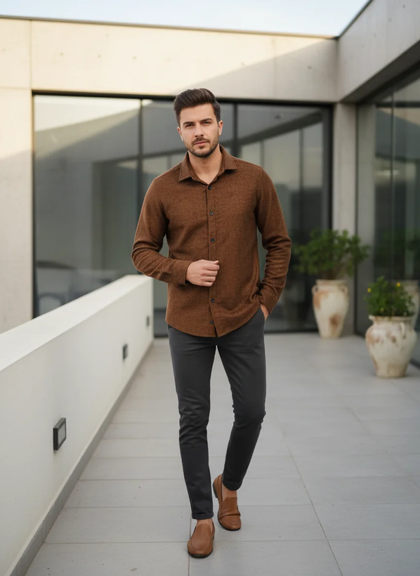 پیراهن پشمی قهوه ای شکلاتی پارچه اعلا بافت حصیری | کالکشن لوکس اورجینال دیلم