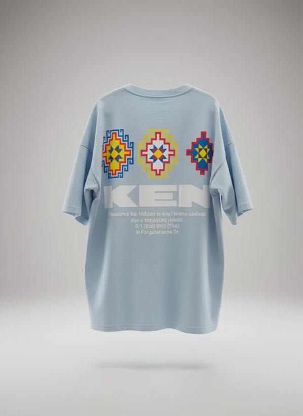 تیشرت آبی روشن اورسایز طرح هندسی پرمیوم KEN