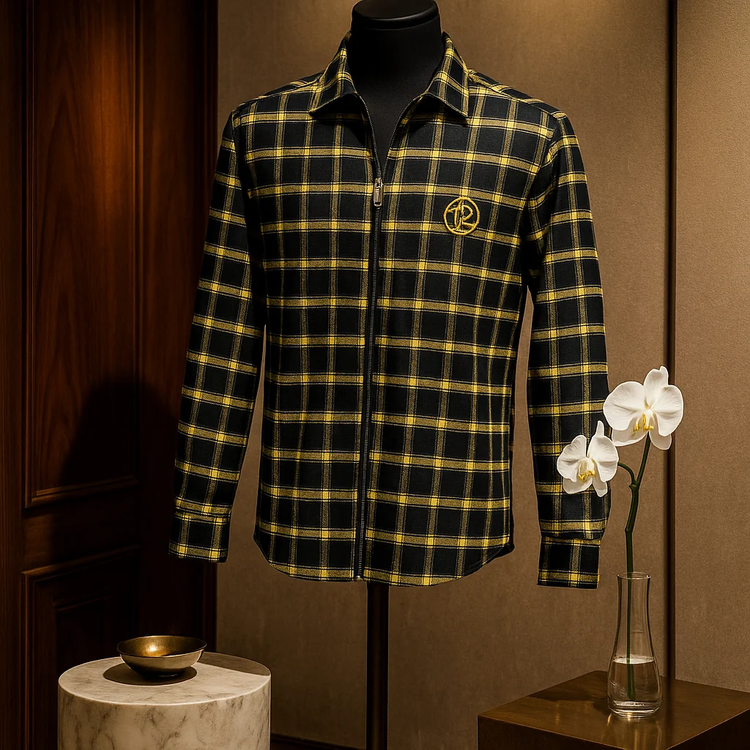 پیراهن پشمی چهارخانه مشکی زرد زیپدار پرمیوم مردانه – ORIGINAL DEYLAM»