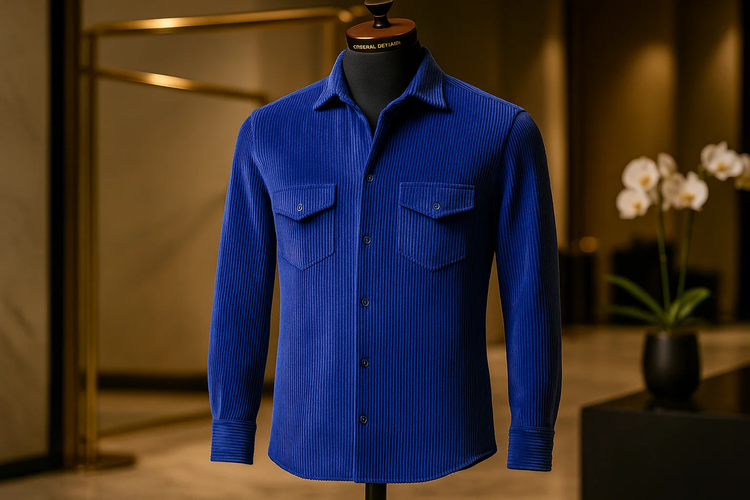 پیراهن مخمل کبریتی پاییزه آبی شالی دو جیب | کیفیت بالا