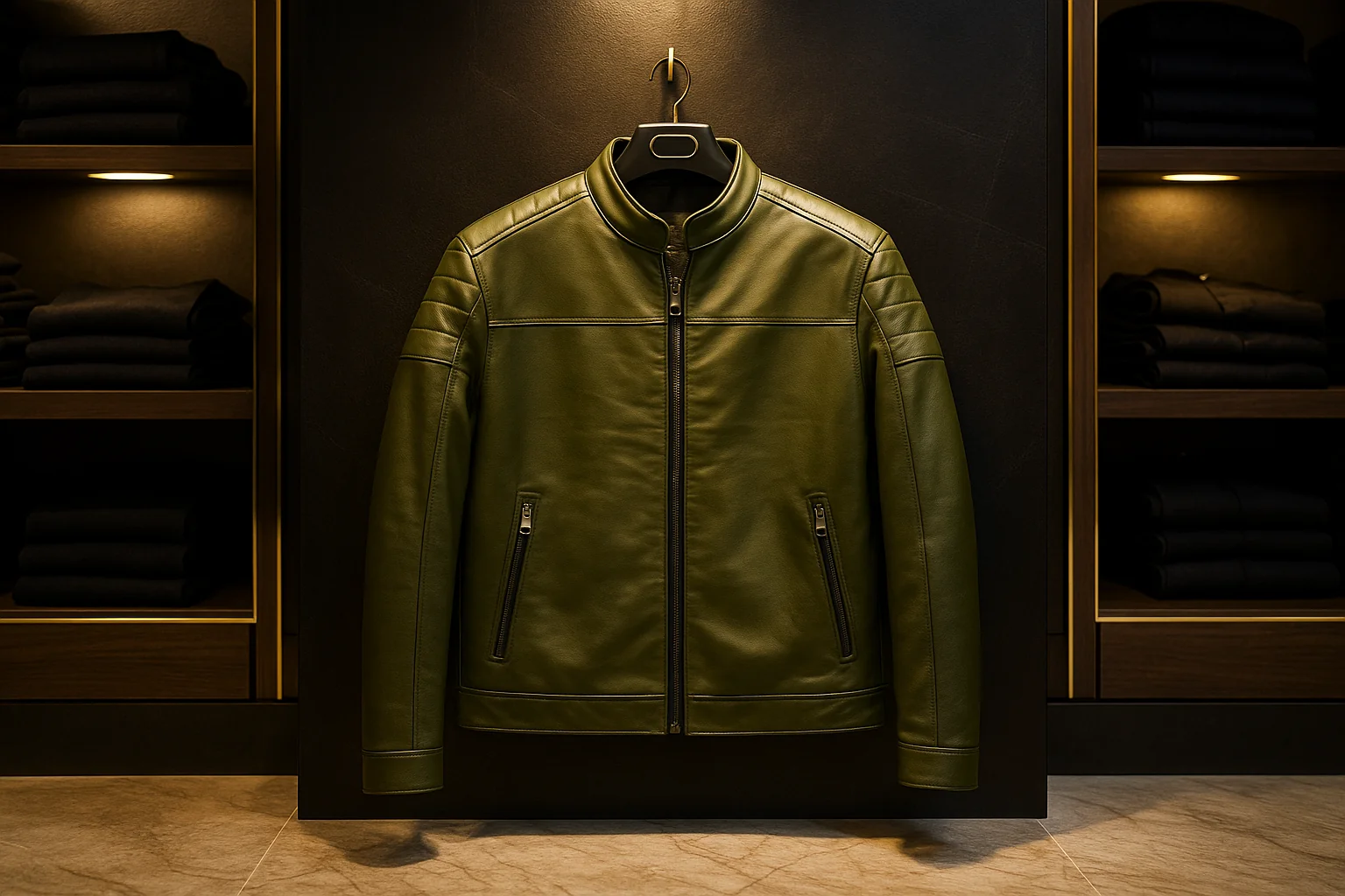 آف تک سایز | کت چرم سبز زیتونی شیک با آستر خز بره ای | کیفیت استثنایی| قیمت عالی