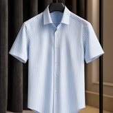 پیراهن آستین کوتاه راه راه میله ای آبی آسمانی مردانه | پارچه نخی درجه یک استایل آزاد اولد مانی | دوخت صنعتی ۲۰۲۵