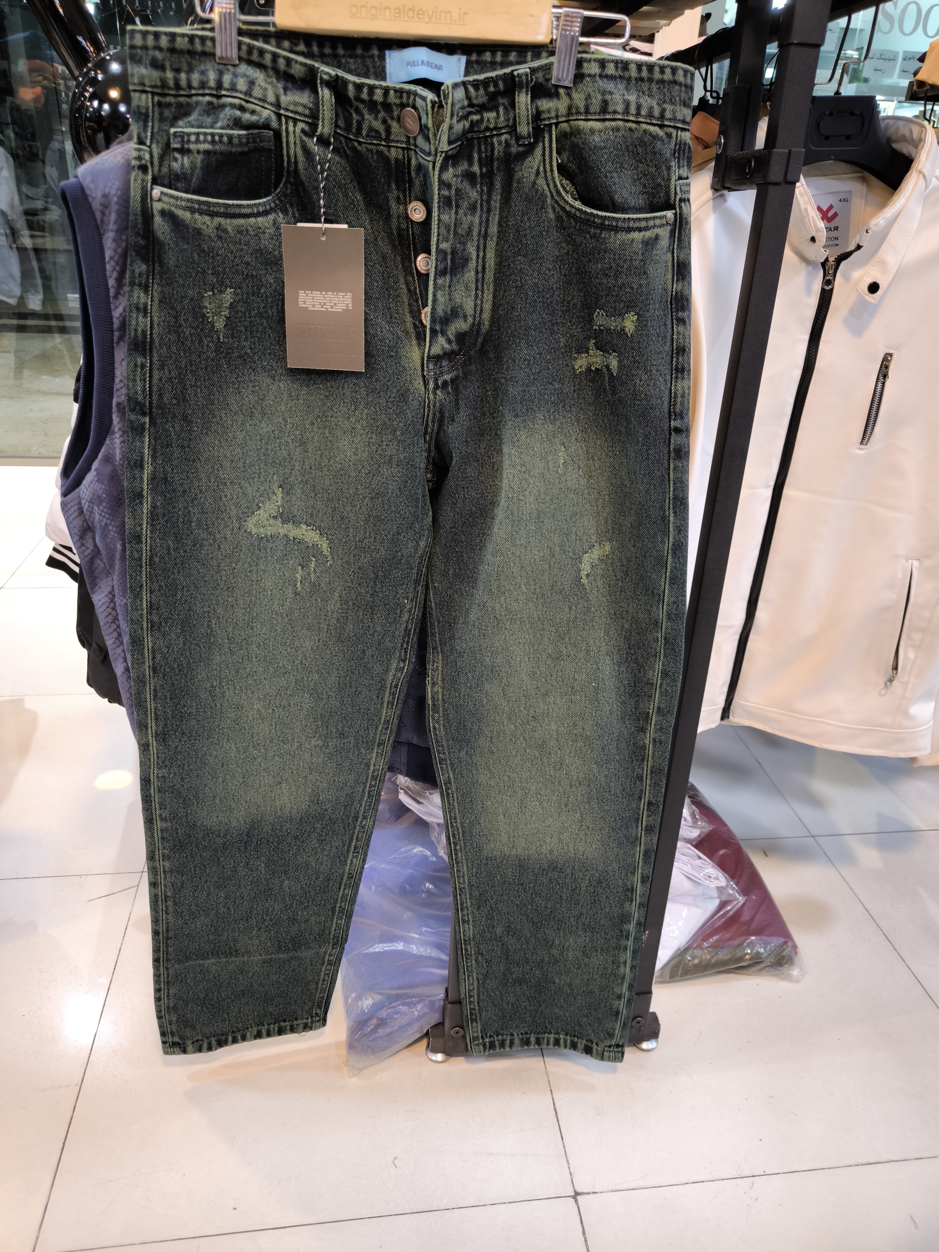 شلوار فول بگ مردانه پارچه جین کجراه رنگ‌ سبز جلبکی تیره سنگشور شده و شیک | کیفیت تضمینی