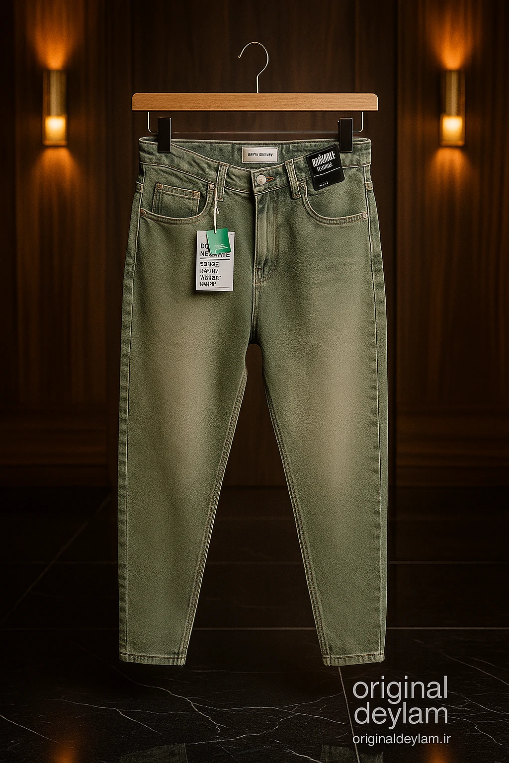 شلوار مام فیت جین کجراه رنگ‌ سبز خاکی روشن کیفیت تضمینی _ اورجینال دیلم