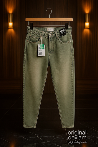 شلوار مام فیت جین کجراه رنگ سبز خاکی روشن کیفیت تضمینی _ اورجینال دیلم