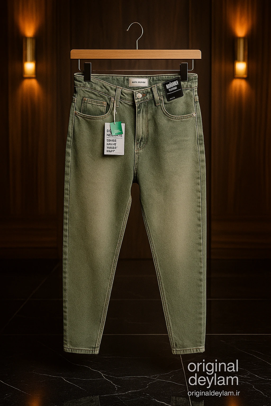 شلوار مام فیت جین کجراه رنگ سبز خاکی روشن کیفیت تضمینی _ اورجینال دیلم