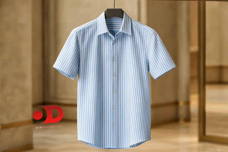 پیراهن آستین کوتاه راه راه میله ای آبی آسمانی مردانه | پارچه نخی درجه یک استایل آزاد اولد مانی | دوخت صنعتی ۲۰۲۵