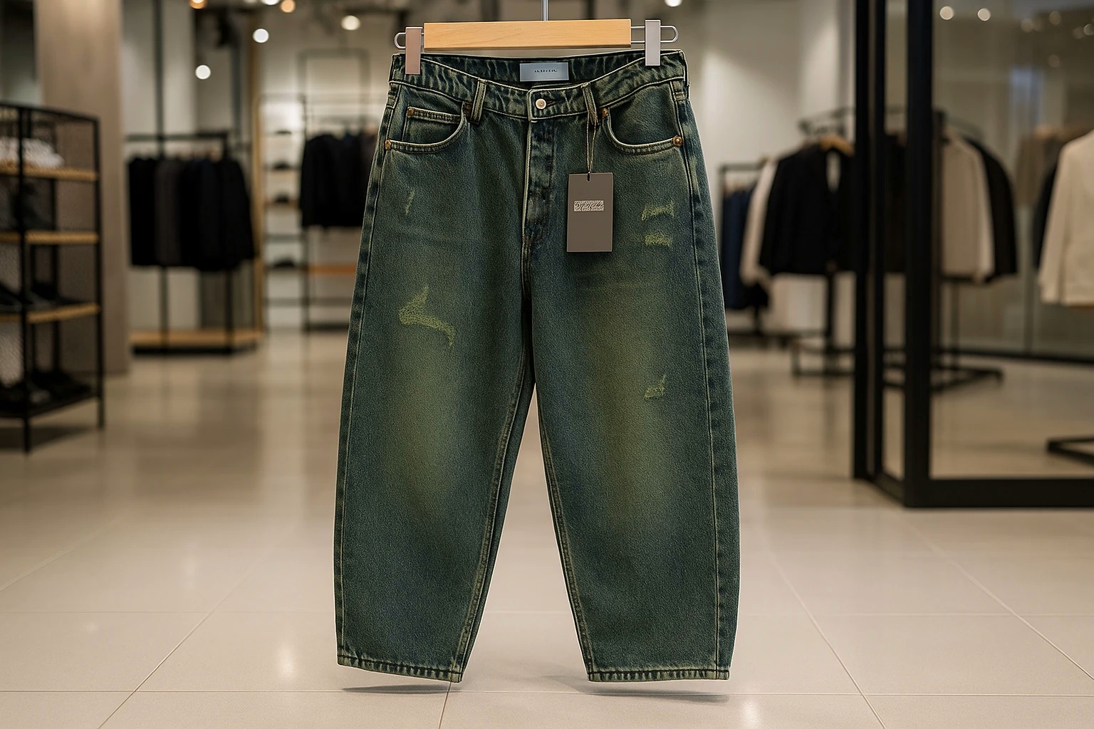 شلوار فول بگ مردانه قد ۱۱۰ سانتی | پارچه جین کجراه رنگ‌ سبز جلبکی تیره سنگشور شده و شیک