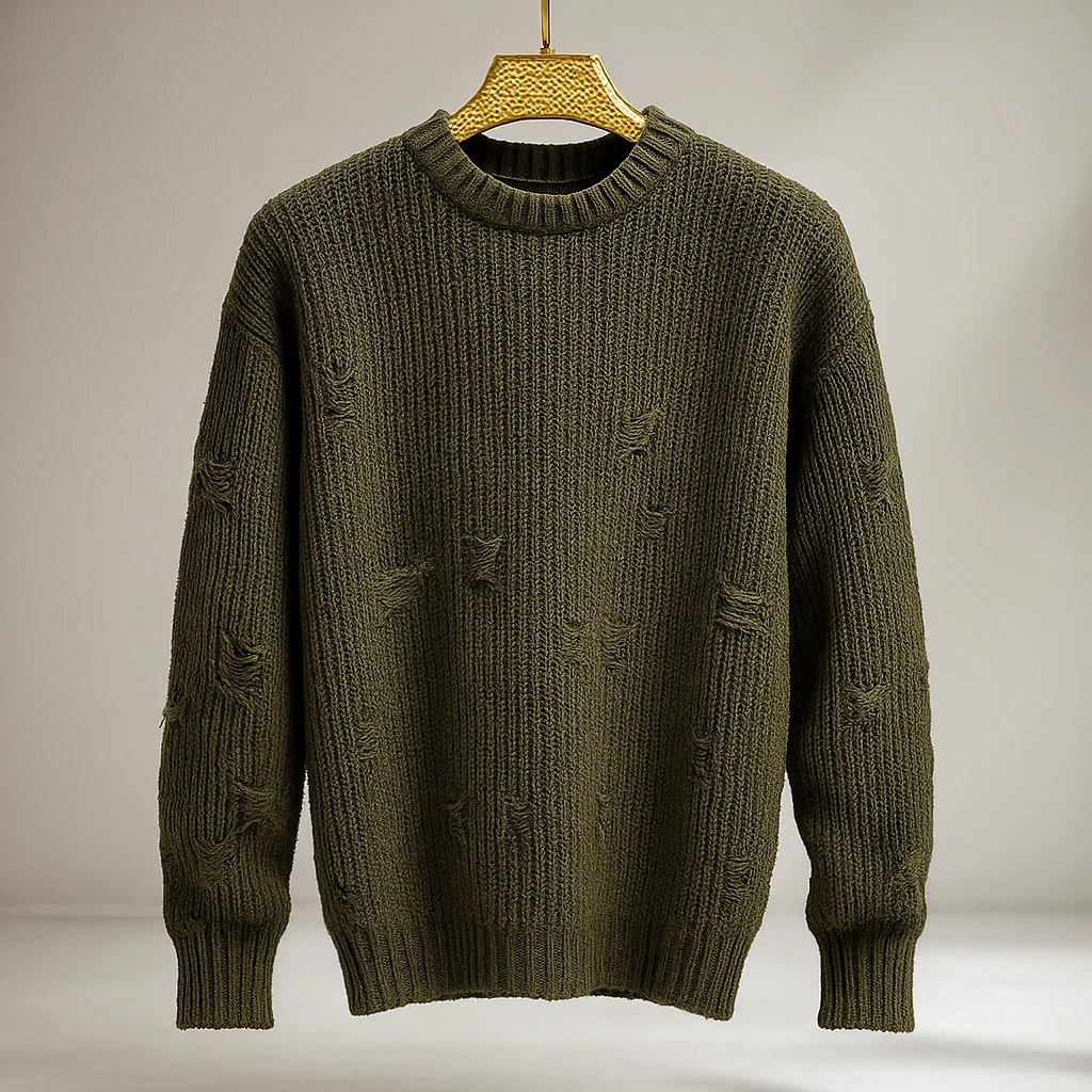 پلیور بافت سبز زیتونی یقه گرد زاپ پروانه ای مینیمال | فری سایز لش