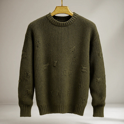 پلیور بافت سبز زیتونی یقه گرد زاپ پروانه ای مینیمال | فری سایز لش