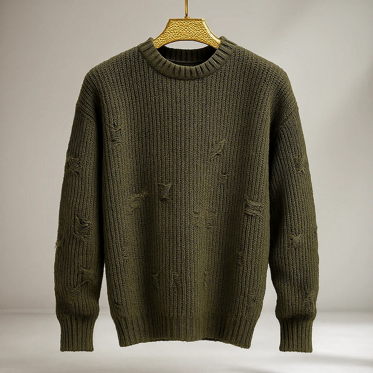 پلیور بافت سبز زیتونی یقه گرد زاپ پروانه ای مینیمال | فری سایز لش