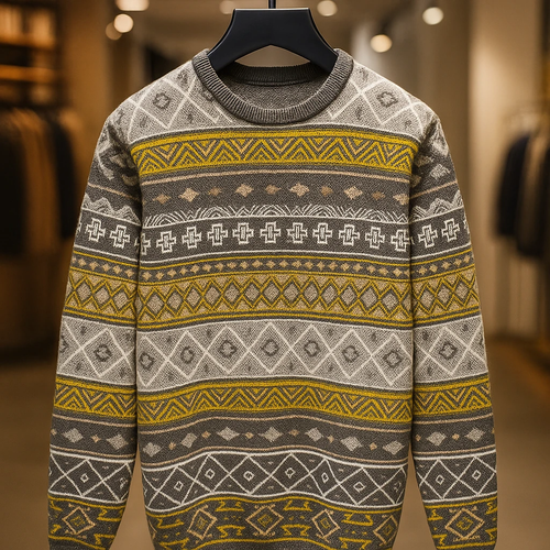 ژاکت بافت باکسی مردانه طرح گلیم - استایل جدید وینتیج کد ۹