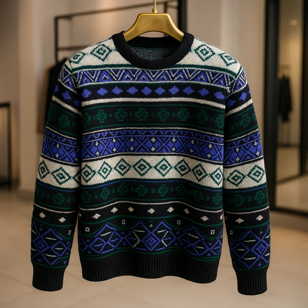 ژاکت بافت باکسی مردانه طرح گلیم - استایل جدید وینتیج کد ۱۱