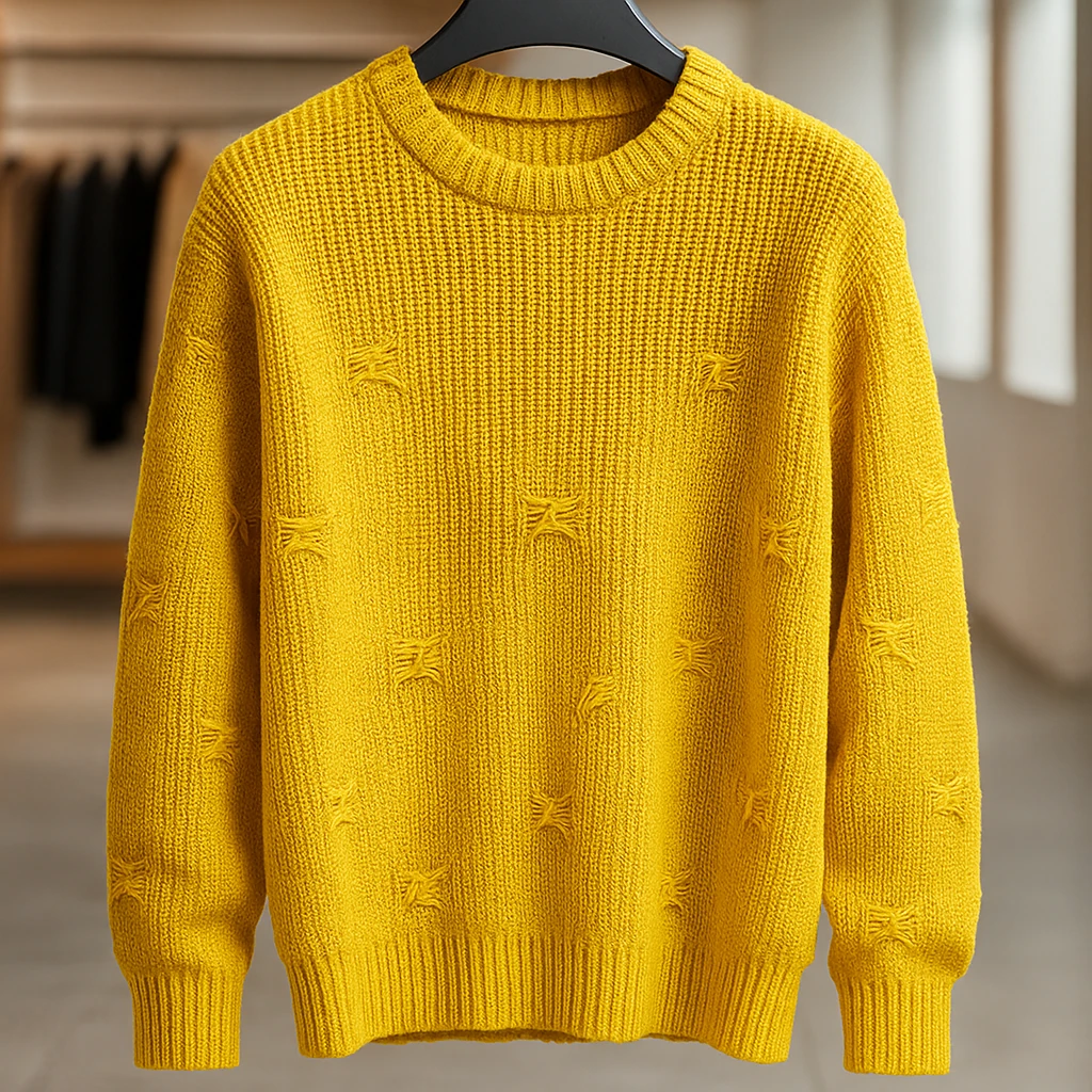 پلیور بافت زرد خردلی یقه گرد زاپ پروانه ای مینیمال | فری سایز لش