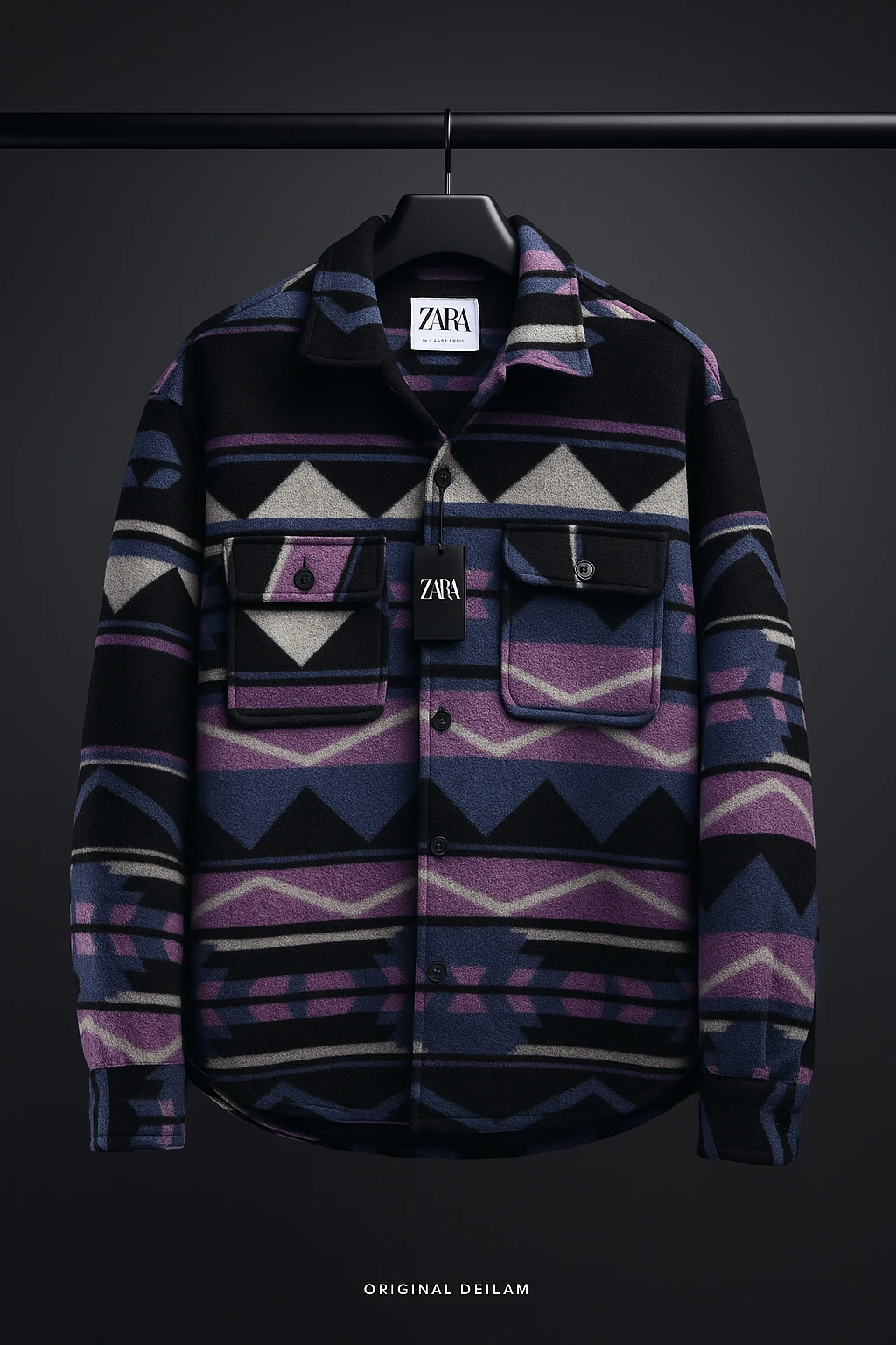 کت فوتر پشمی با طرح هندسی مدرن داری (ترکیب رنگ مشکی، بنفش و آبی با پترن‌های زاویه‌دار) | سنگین‌وزن