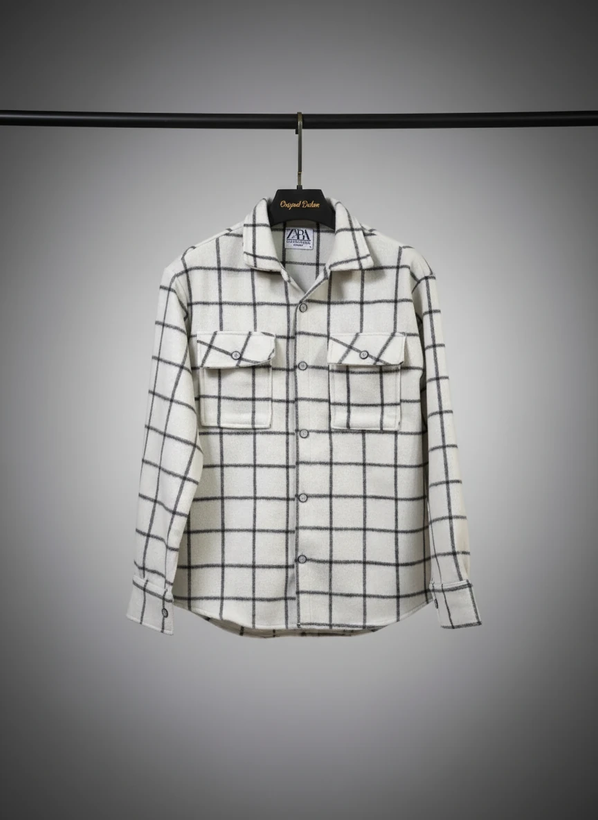 پیراهن پشمی چهارخانه سفید مشکی مدل لش باکسی اولد مانی | اورجینال دیلم